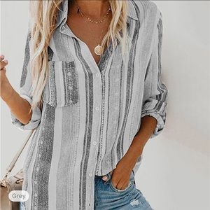 Women’s long sleeve striped grey and white buttoned up collared blouse